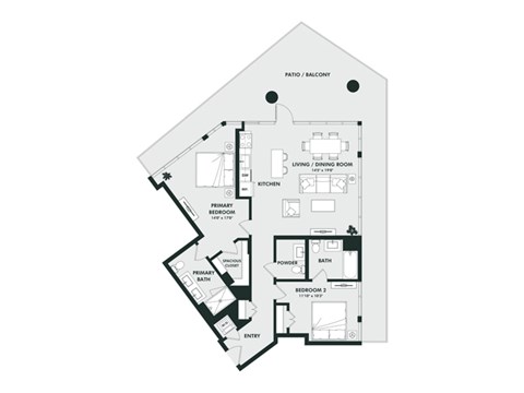 A black and white floor plan of a house with a living room, dining room, kitchen, two bathrooms, and two bedrooms.